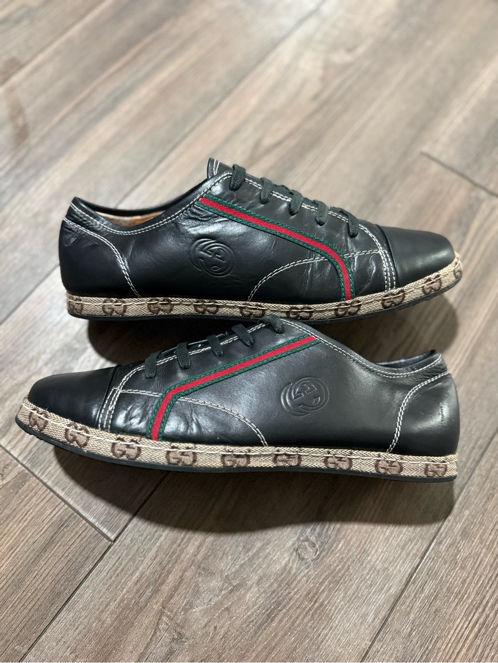 Vintage Gucci Black Leather Web Stripe Sneakers Shoes Size 43 Made In Italy